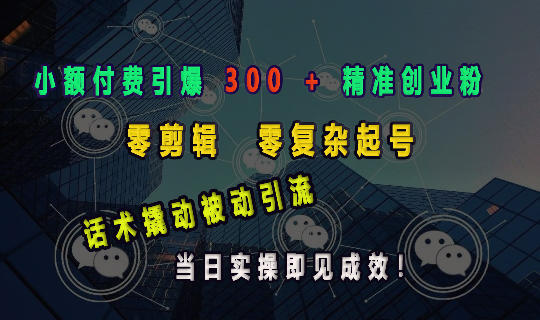 小额付费引爆 300 + 精准创业粉，零剪辑、零复杂起号，话术撬动被动引流，当日实操即见成效！-项目网