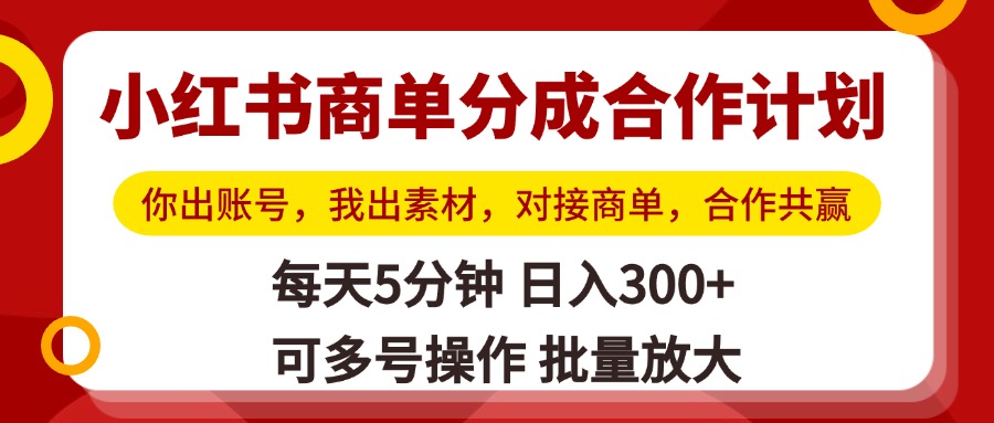 小红书商单分成合作计划，你出账号，我出素材，对接商单，合作共赢，单号日入300+，可批量放大-项目网