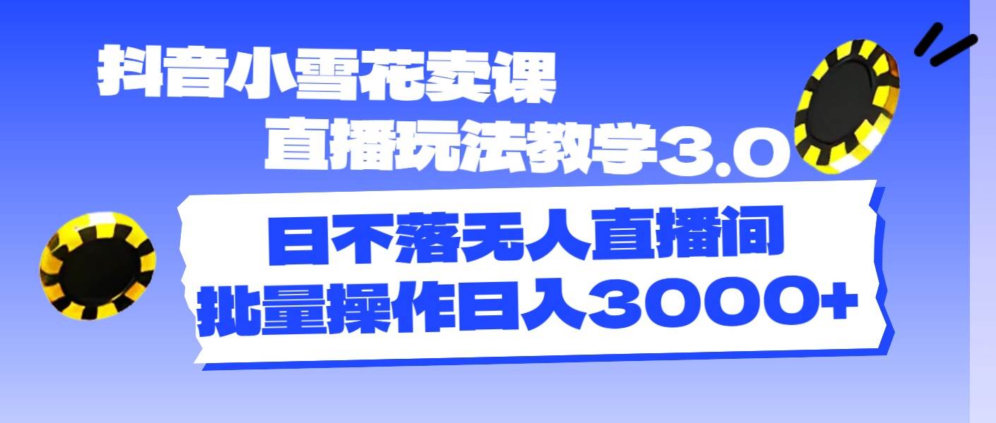 抖音小雪花卖课直播玩法教学3.0，日不落无人直播间，批量操作日入3000+-项目网
