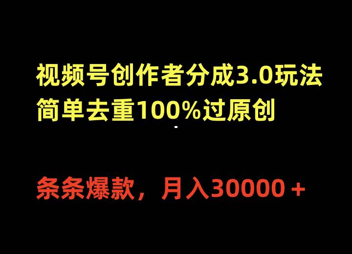 视频号创作者分成3.0玩法，简单去重100%过原创，条条爆款，月入30000＋-项目网