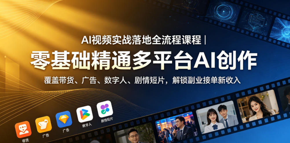 AI视频实战落地全流程课程｜零基础精通多平台AI创作，覆盖带货、广告、数字人、剧情短片，解锁副业接单新收入-项目网