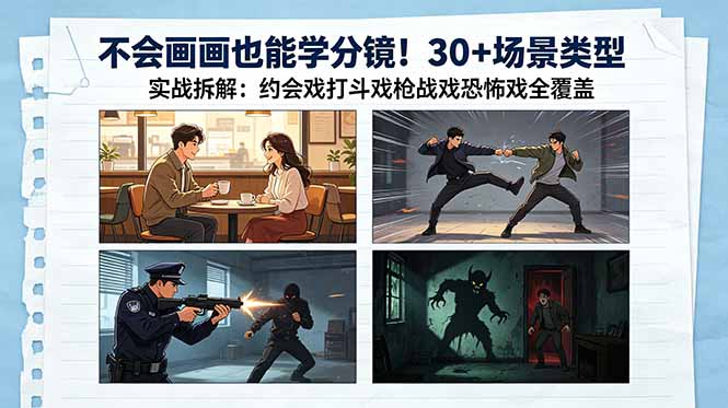 不会画画也能学分镜！30+场景类型实战拆解：约会戏打斗戏枪战戏恐怖戏全覆盖-项目网