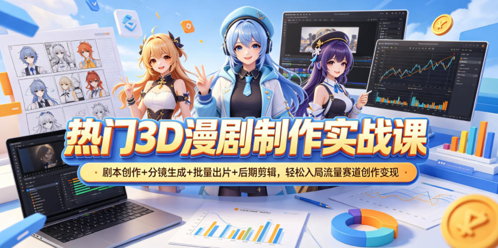 热门3D漫剧制作实战课，剧本创作+分镜生成+批量出片+后期剪辑，轻松入局流量赛道创作变现-项目网