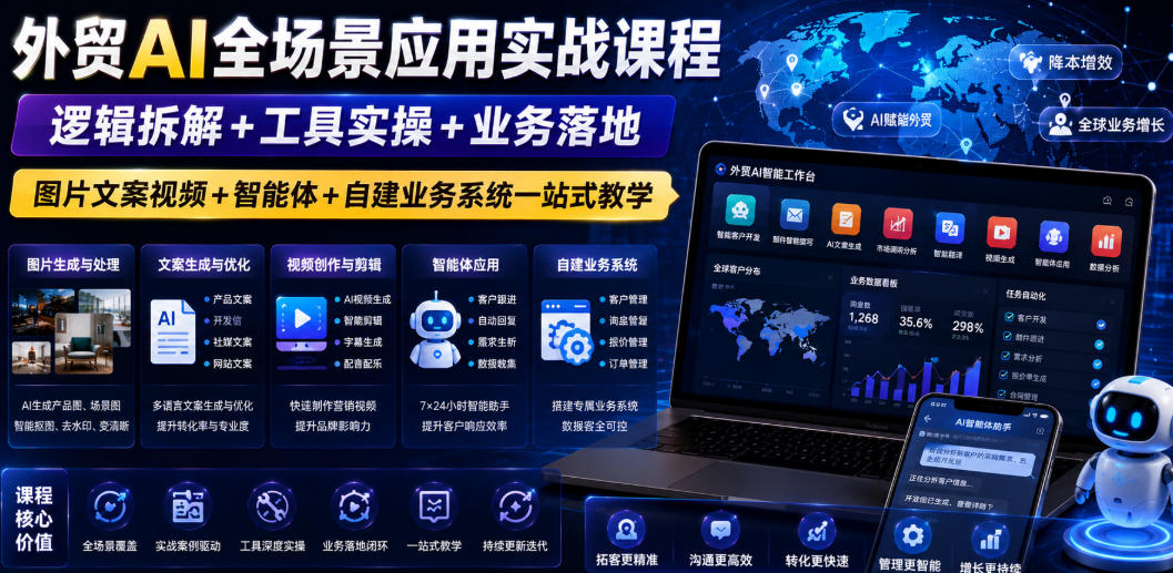 外贸AI全场景应用实战课程｜逻辑拆解+工具实操+业务落地，图片文案视频+智能体+自建业务系统一站式教学-项目网