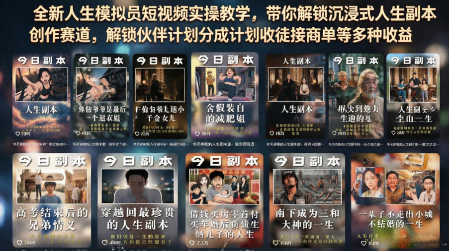 全新人生模拟员短视频实操教学，带你解锁沉浸式人生副本创作赛道，解锁伙伴计划分成计划收徒接商单等多种收益-项目网
