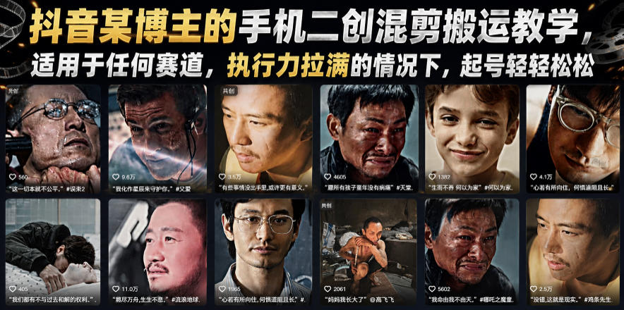 抖音某博主的手机二创混剪搬运教学，适用于任何赛道，执行力拉满的情况下，起号轻轻松松-项目网