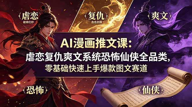 AI漫画推文课：虐恋复仇爽文系统恐怖仙侠全品类，零基础快速上手爆款图文赛道-项目网