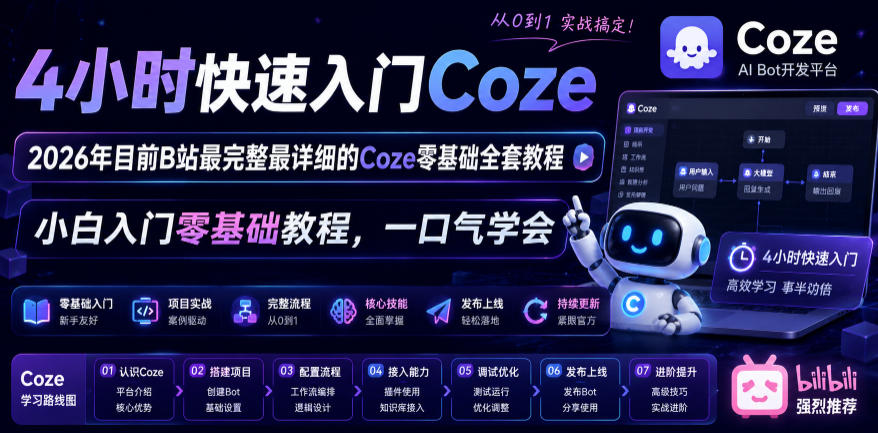 4小时快速入门Coze！2026年目前B站最完整最详细的Coze零基础全套教程，小白入门零基础教程，一口气学会！-项目网
