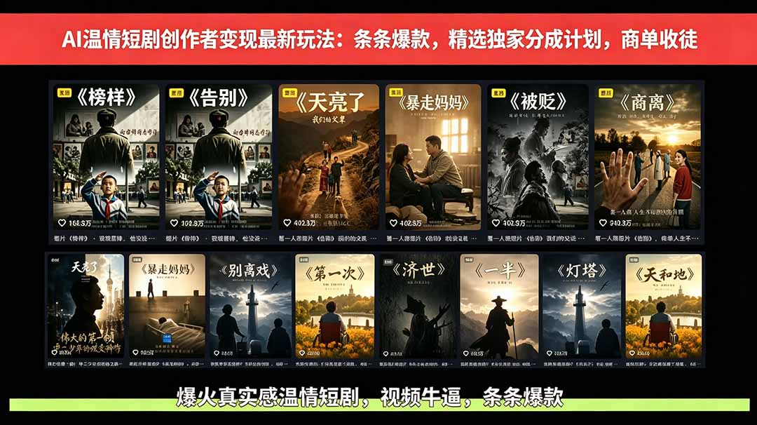 AI温情短剧创作者变现最新玩法：视频牛逼，条条爆款，精选独家分成计划，商单收徒-项目网