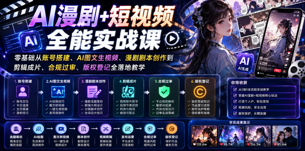 AI漫剧+短视频全能实战课|零基础从账号搭建、AI图文生视频、漫剧剧本创作到剪辑成片、合规过审、版权登记全落地教学-项目网