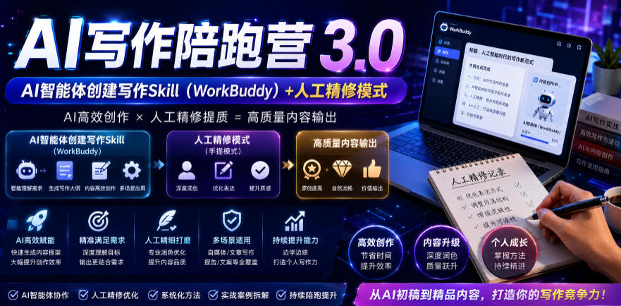 AI写作陪跑营3.0,Ai智能体创建写作skill(workbuddy)+人工手写模式(手搓模式),去除AI痕迹(头条号、公众号、百家号)-项目网