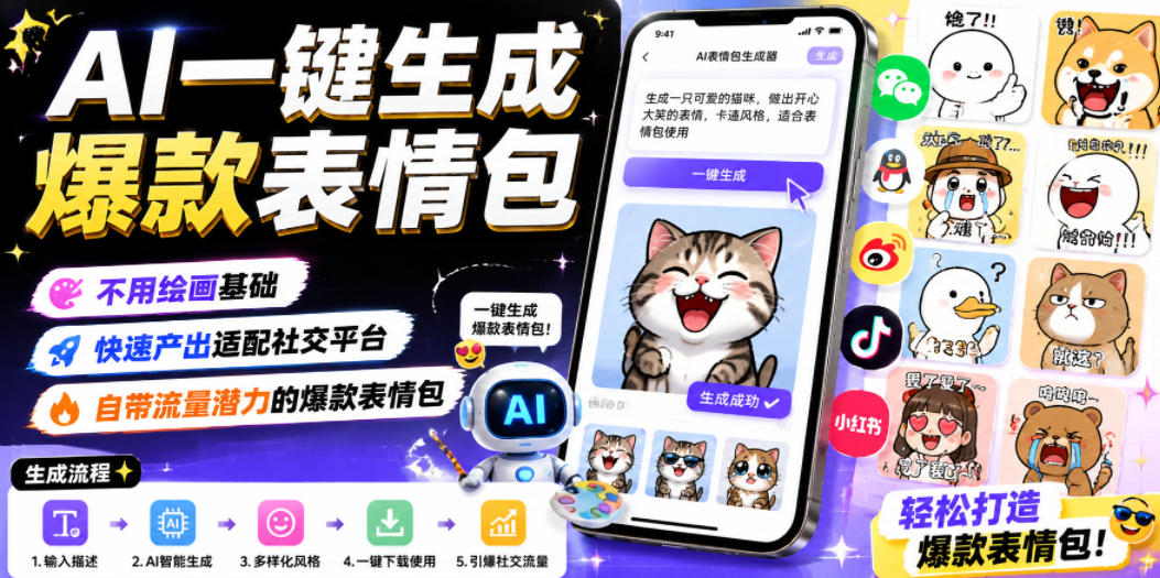 AI一键生成爆款表情包,不用绘画基础,快速产出适配社交平台,自带流量潜力的爆款表情包-项目网