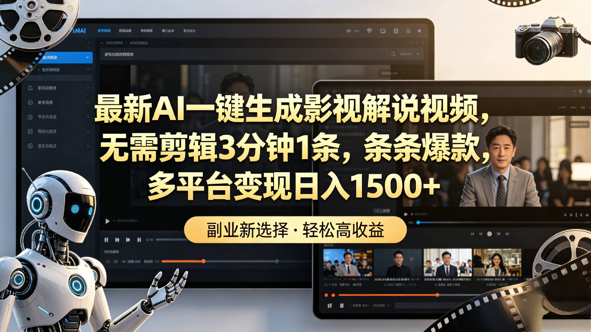 最新AI一键生成影视解说视频,无需剪辑3分钟1条,条条爆款,多平台变现日入1500+-项目网