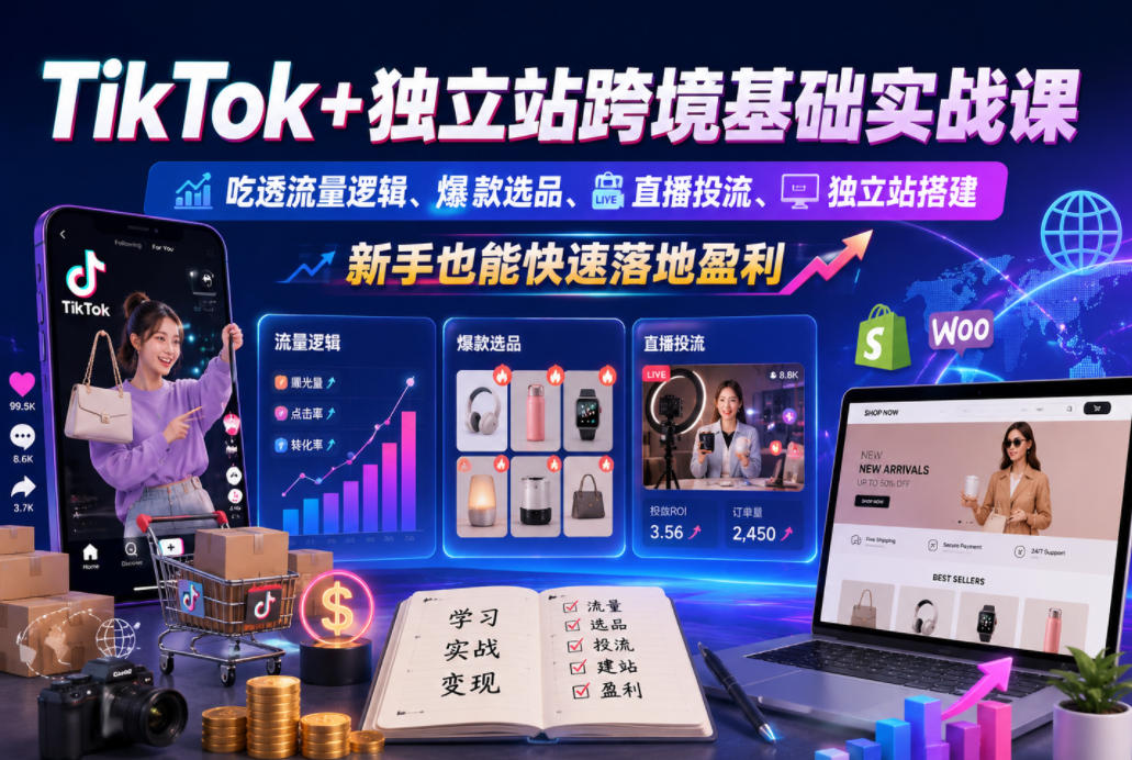 TikTok+独立站跨境基础实战课，吃透流量逻辑、爆款选品、直播投流与独立站搭建，新手也能快速落地盈利-项目网