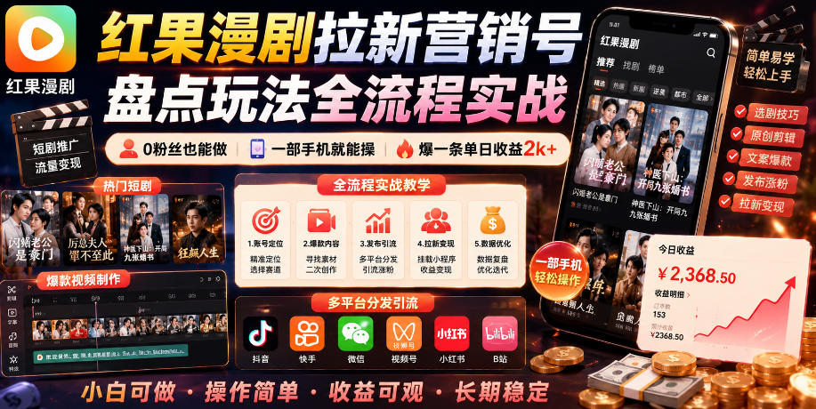 红果漫剧拉新营销号盘点玩法全流程实战，0粉丝也能做，一部手机就能做，爆一条单日收益2k+-项目网