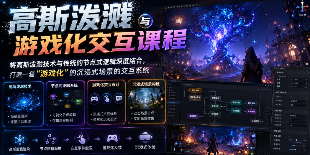 高斯泼溅与游戏化交互课程，将高斯泼溅技术与传统的节点式逻辑深度结合，打造一套“游戏化”的沉浸式场景的交互系统-项目网