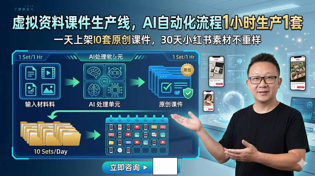 虚拟资料课件生产线，AI自动化流程1小时生产1套，一天上架10套原创课件，30天小红书素材不重样-项目网