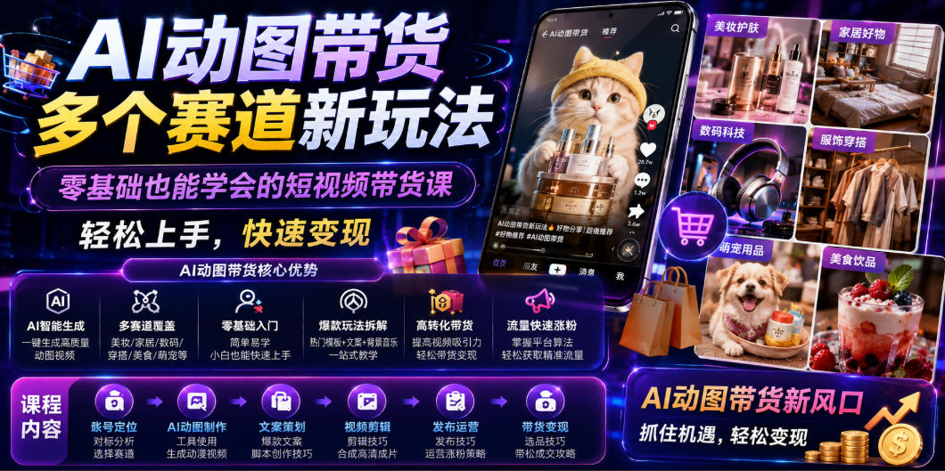 AI动图带货多个赛道新玩法,零基础也能学会的短视频带货课,轻松上手,快速变现-项目网