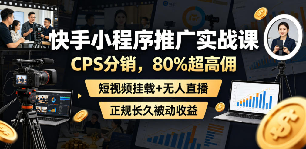 快手小程序推广实战课，CPS分销，80%超高佣，短视频挂载+无人直播，正规长久被动收益-项目网