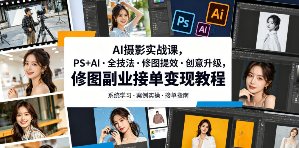 AI摄影实战课,PS+AI・全技法・修图提效・创意升级,修图副业接单变现教程-项目网