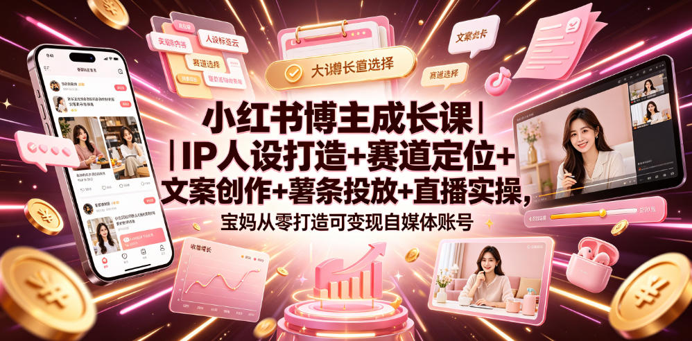小红书博主成长课|IP人设打造+赛道定位+文案创作+薯条投放+直播实操,宝妈从零打造可变现自媒体账号-项目网