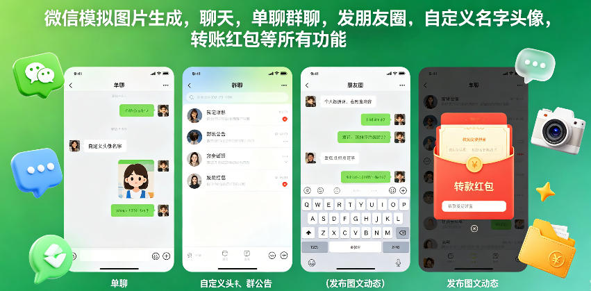 微信模拟图片生成，聊天，单聊群聊，发朋友圈，自定义名字头像，转账红包等所有功能都可以生成-项目网