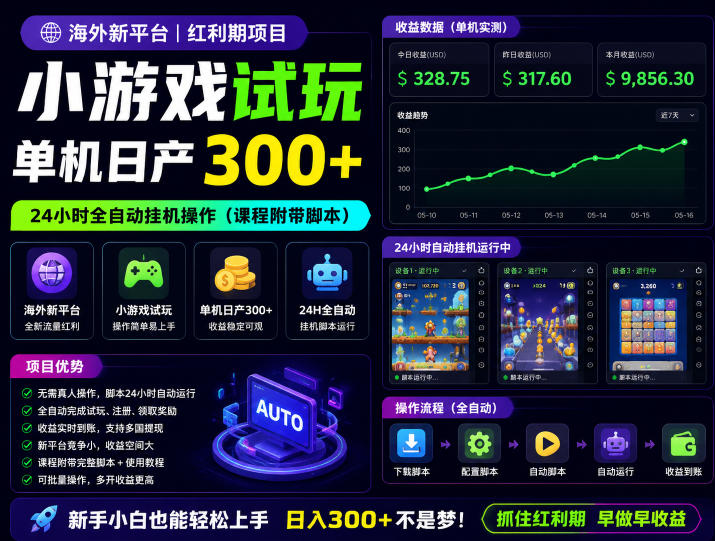 海外新平台，小游戏试玩，单机日产300+，24小时全自动挂G操作(课程附带脚本)【揭秘】-项目网