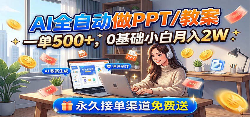 AI全自动做PPT/教案，一单500+，0基础小白月入2W，永久接单渠道免费送-项目网
