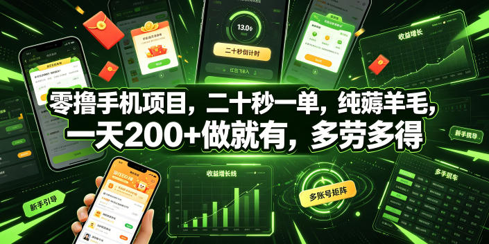 零撸手机项目，二十秒一单，纯薅羊毛，一天200+做就有，多劳多得【揭秘】-项目网