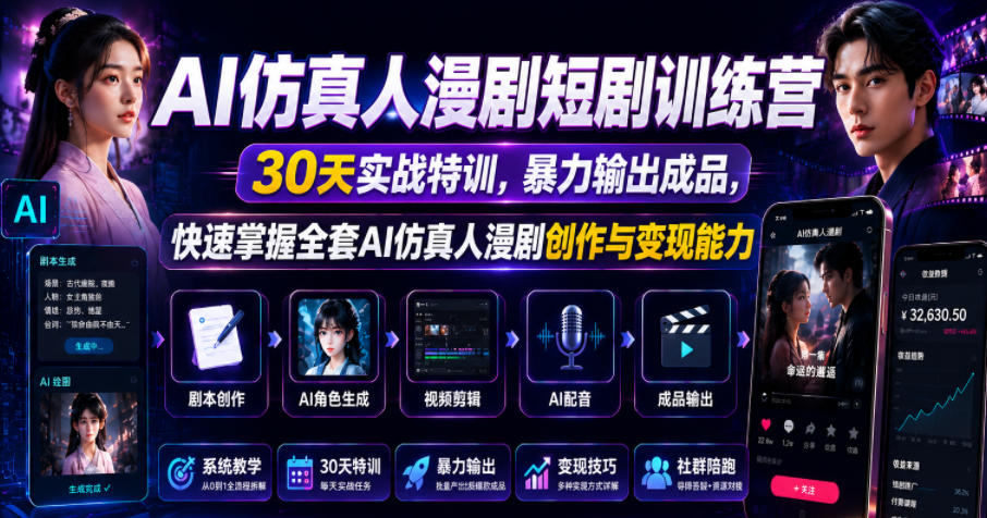 AI仿真人漫剧短剧训练营，30天实战特训，暴力输出成品，快速掌握全套AI仿真人漫剧创作与变现能力-项目网