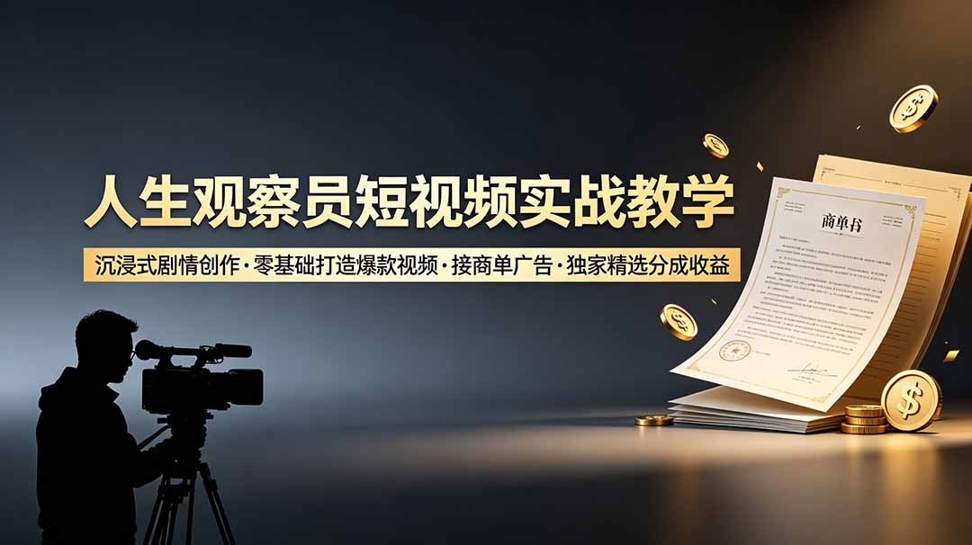 人生观察员短视频实战教学，沉浸式剧情创作，零基础打造爆款视频，接商单广告，独家精选分成收益-项目网