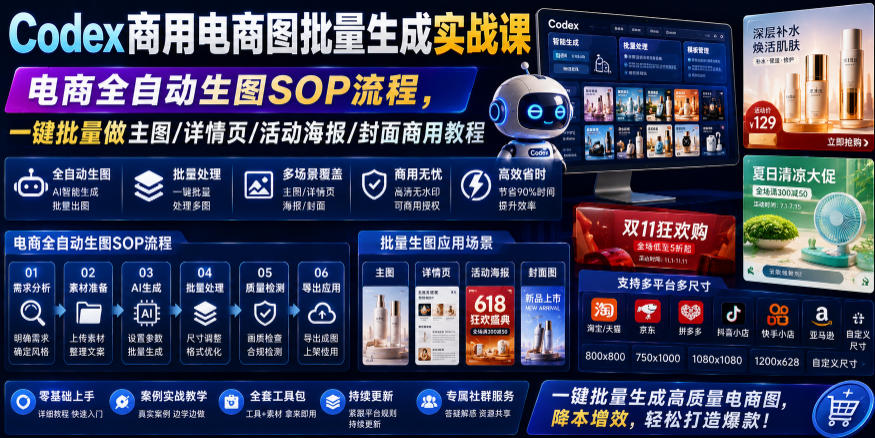 Codex商用电商图批量生成实战课|电商全自动生图SOP流程,一键批量做主图/详情页/活动海报/封面商用教程-项目网