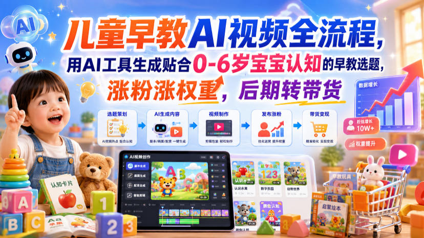 儿童早教AI视频全流程,用AI工具生成贴合0-6岁宝宝认知的早教选题,涨粉涨权重,后期转带货-项目网