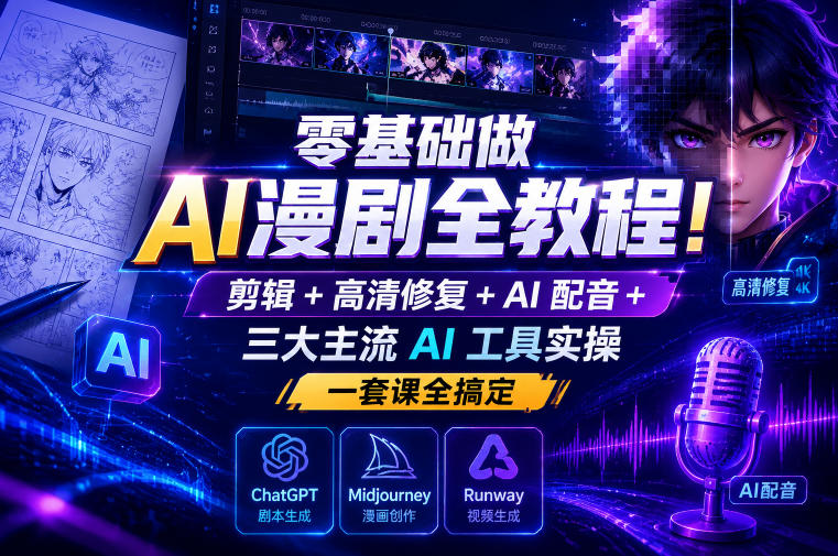 零基础做AI漫剧全教程！剪辑+高清修复+AI配音+三大主流AI工具实操，一套课全搞定-项目网