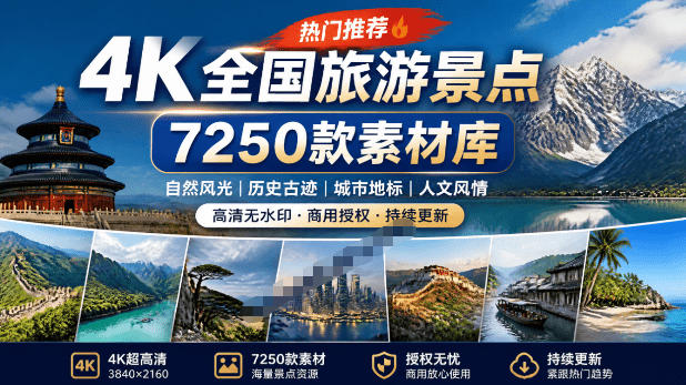 热门全国旅游风景素材！4K全国旅游景点素材库，7250款素材，旅行达人城市航拍风景风光高清短视频-项目网