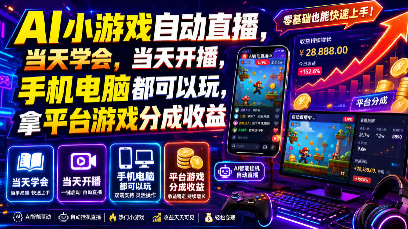 AI小游戏自动直播,当天学会,当天开播,手机电脑都可以玩,拿平台游戏分成收益-项目网