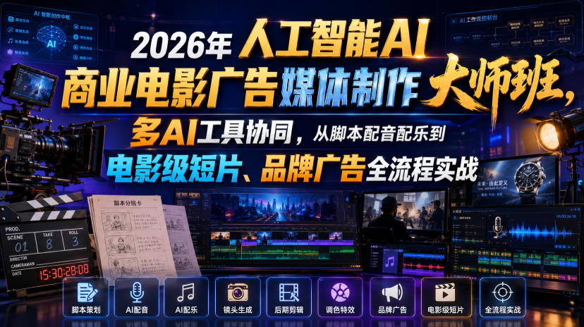 2026年人工智能AI商业电影广告媒体制作大师班，多AI工具协同，从脚本配音配乐到电影级短片、品牌广告全流程实战(中英字幕)-项目网
