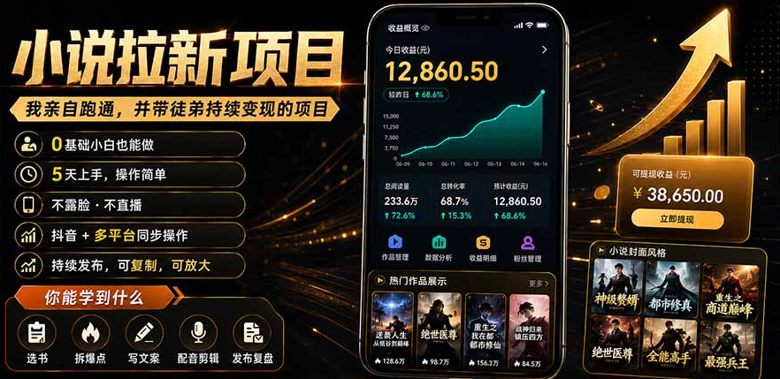 抖音及多平台小说拉新项目：我亲自跑通并持续带徒弟实操｜0基础小白5天上手快速变现-项目网
