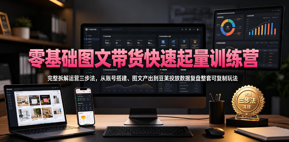 零基础图文带货快速起量训练营，完整拆解运营三步法，从账号搭建、图文产出到豆荚投放数据复盘整套可复制玩法-项目网
