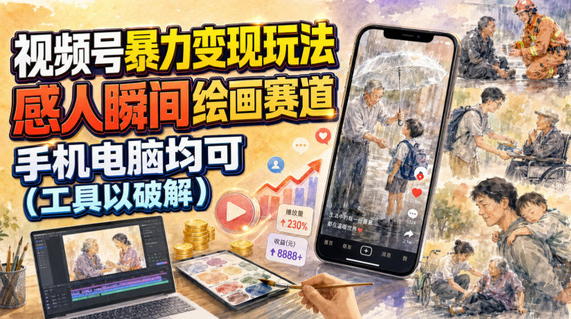 视频号暴力变现玩法,感人瞬间绘画赛道,手机电脑均可-项目网