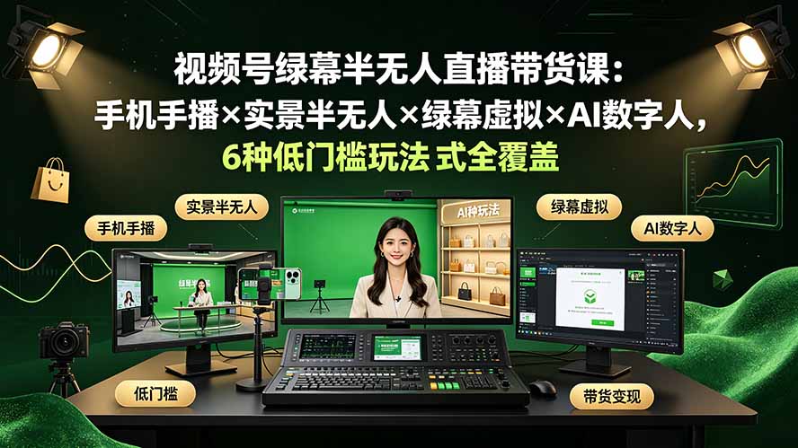 视频号绿幕半无人直播带货课：手机手播×实景半无人×绿幕虚拟×AI数字人，6种低门槛玩法全覆盖-项目网