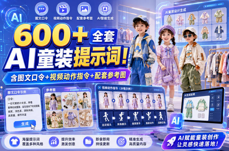 600+全套AI童装提示词！含图文口令+视频动作指令+配套参考图，Word-Excel规整分类，童装电商、种草无脑量产内容！-项目网