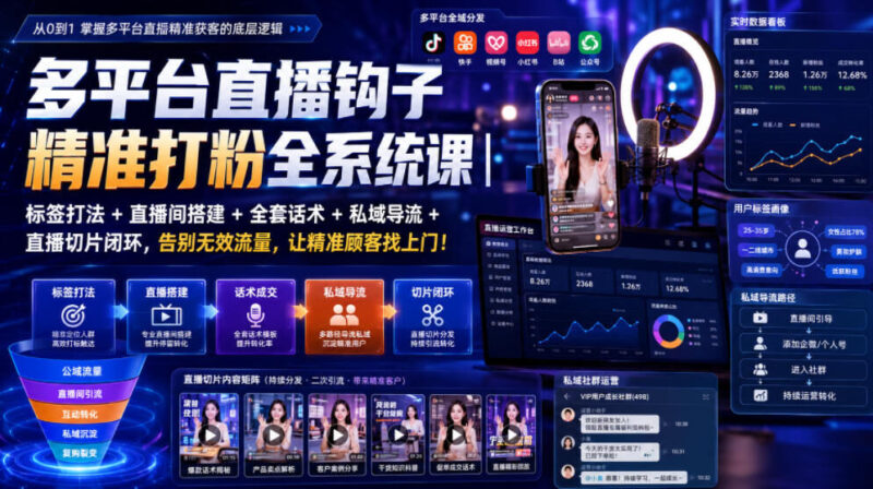 多平台直播钩子精准打粉全系统课|标签打法+直播间搭建+全套话术+私域导流+直播切片闭环,告别无效流量,让精准顾客找上门!-项目网