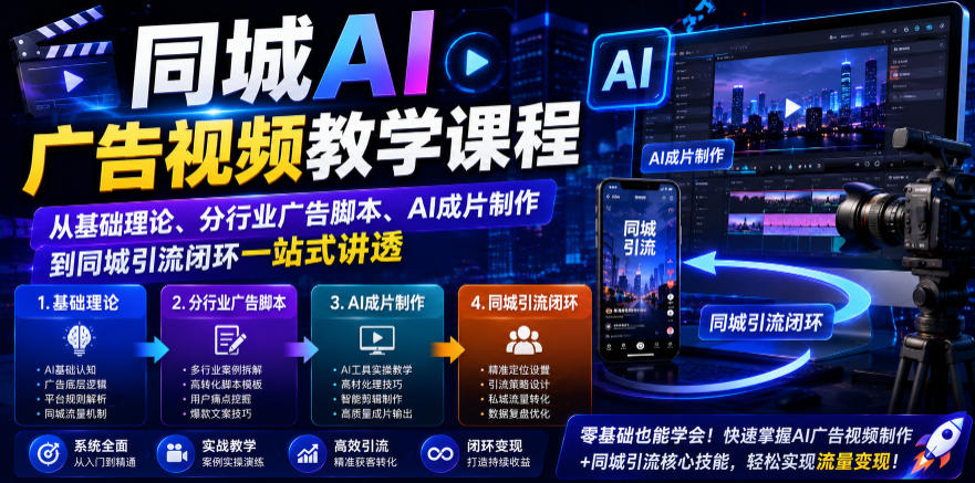 同城AI广告视频教学课程,从基础理论、分行业广告脚本、AI成片制作到同城引流闭环一站式讲透-项目网