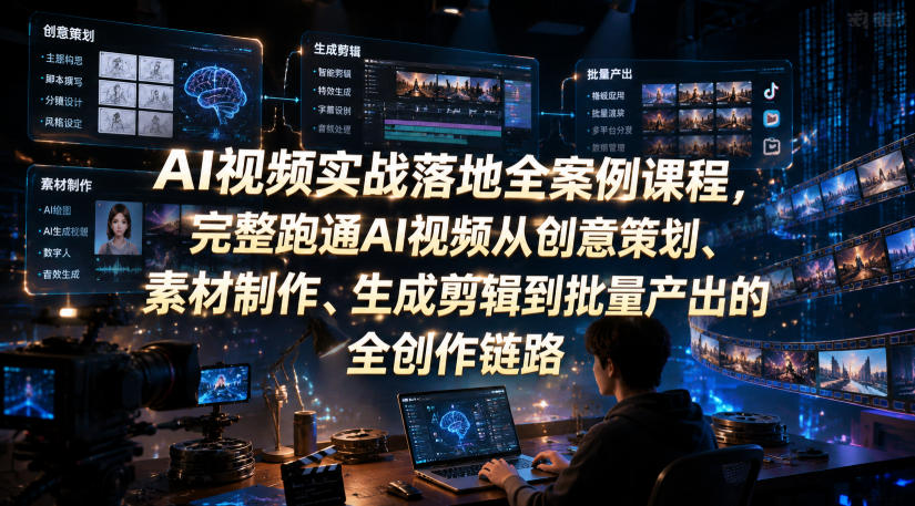 AI视频实战落地全案例课程，完整跑通AI视频从创意策划、素材制作、生成剪辑到批量产出的全创作链路-项目网