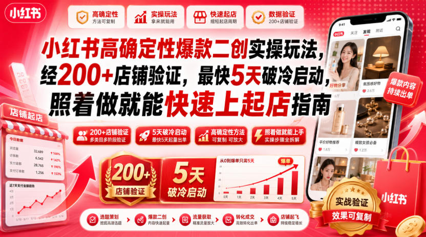 小红书高确定性爆款二创实操玩法,经200+店铺验证,最快5天破冷启动,照着做就能快速上起店指南-项目网