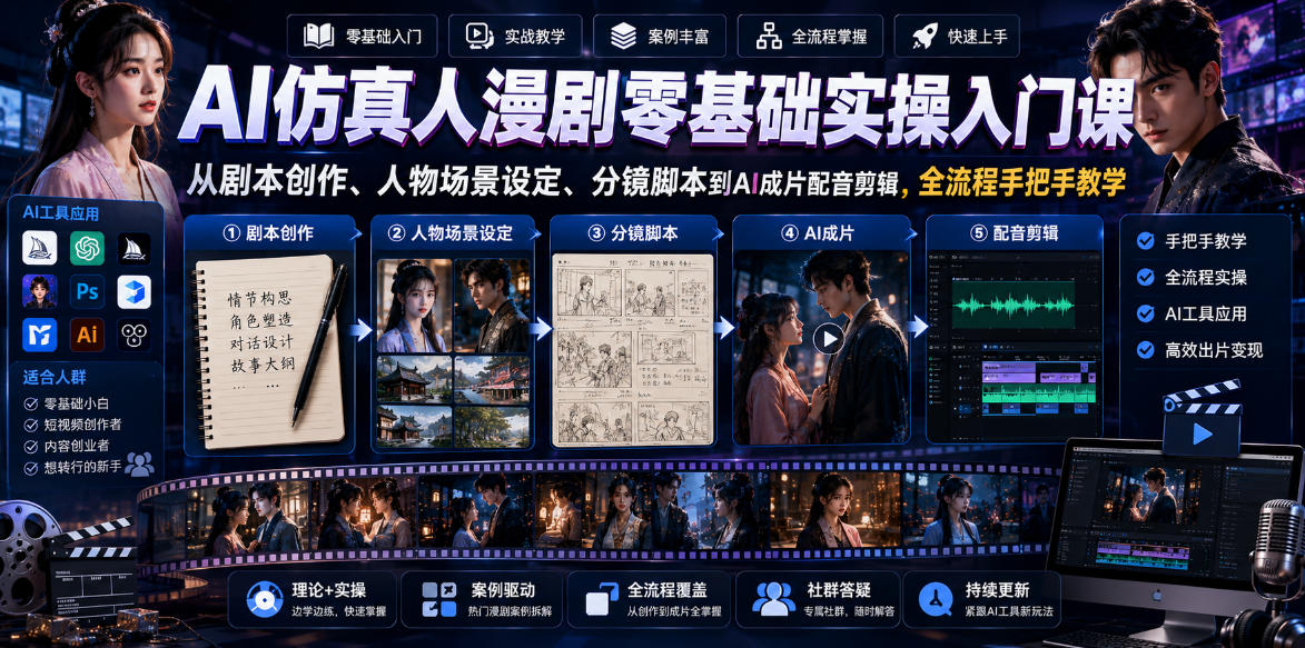 AI仿真人漫剧零基础实操入门课,从剧本创作、人物场景设定、分镜脚本到AI成片配音剪辑,全流程手把手教学-项目网