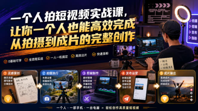 一个人拍短视频实战课,让你一个人也能高效完成从拍摄到成片的完整创作-项目网