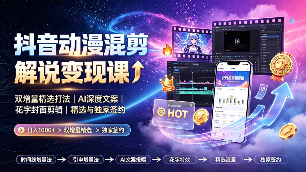 抖音动漫混剪解说变现课：双增量精选打法｜AI深度文案｜花字封面剪辑｜ 精选与独家签约日入1000+-项目网