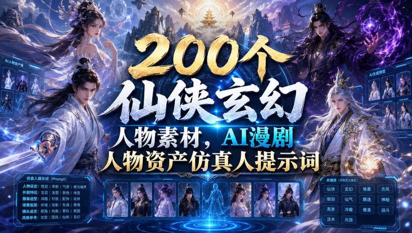 200个仙侠玄幻人物素材，AI漫剧人物资产仿真人提示词-项目网
